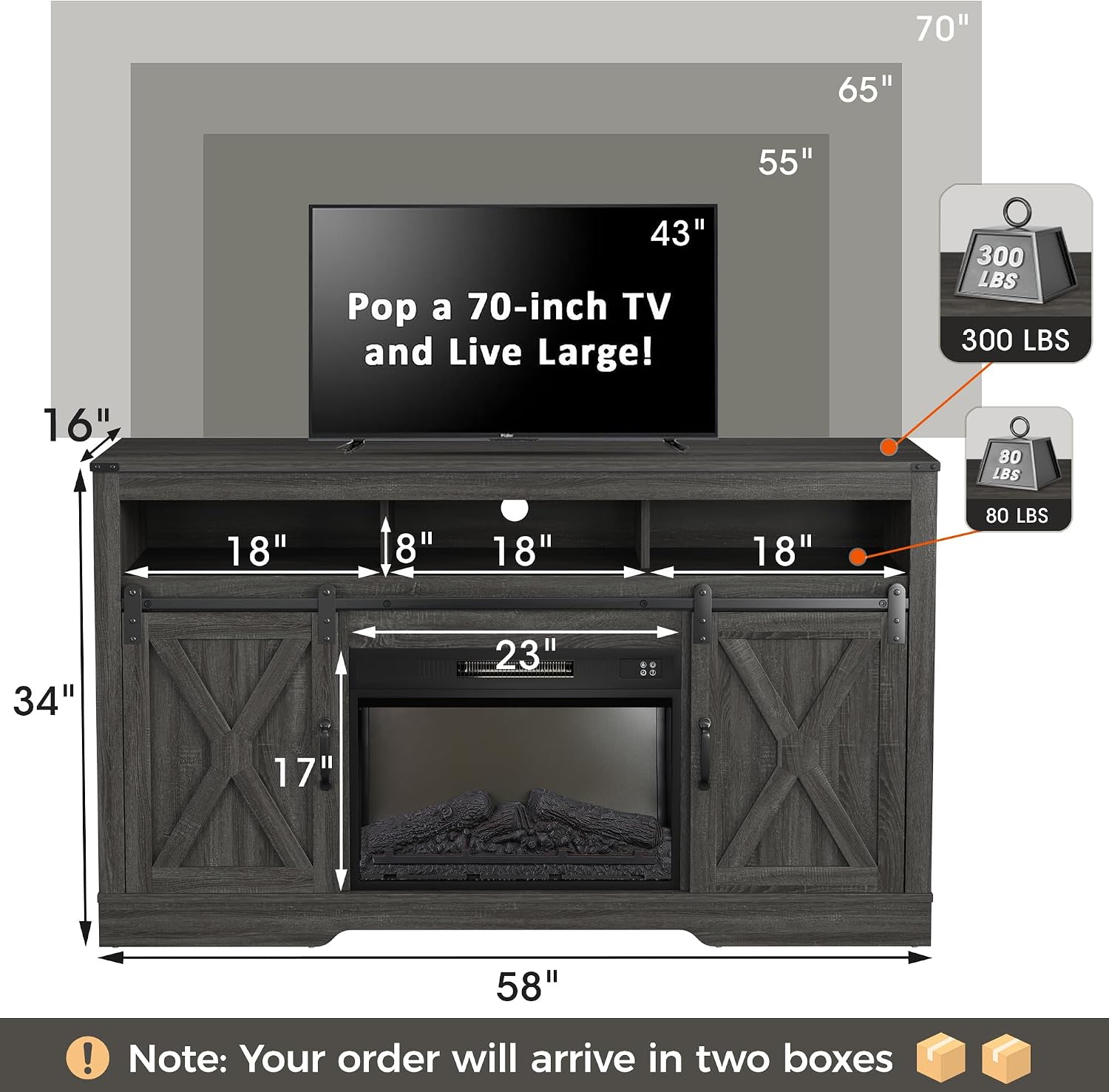RoyalCraft Fireplace TV Stand for 65+ Inch TV, 34' Tall Farmhouse Entertainment Center with 23' Electric Fireplace,Rustic Media Console with Sliding Bar Door for Living Room, Grey