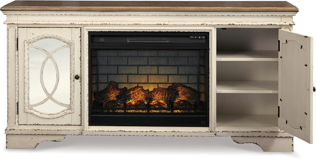 Signature Design by Ashley Realyn Vintage Casual TV Stand with Electric Fireplace, Heats Larger Rooms, Bronze Hardware, Wood, 74' Wide, White & Brown