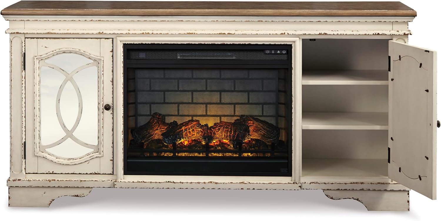Signature Design by Ashley Realyn Vintage Casual TV Stand with Electric Fireplace, Heats Larger Rooms, Bronze Hardware, Wood, 74' Wide, White & Brown