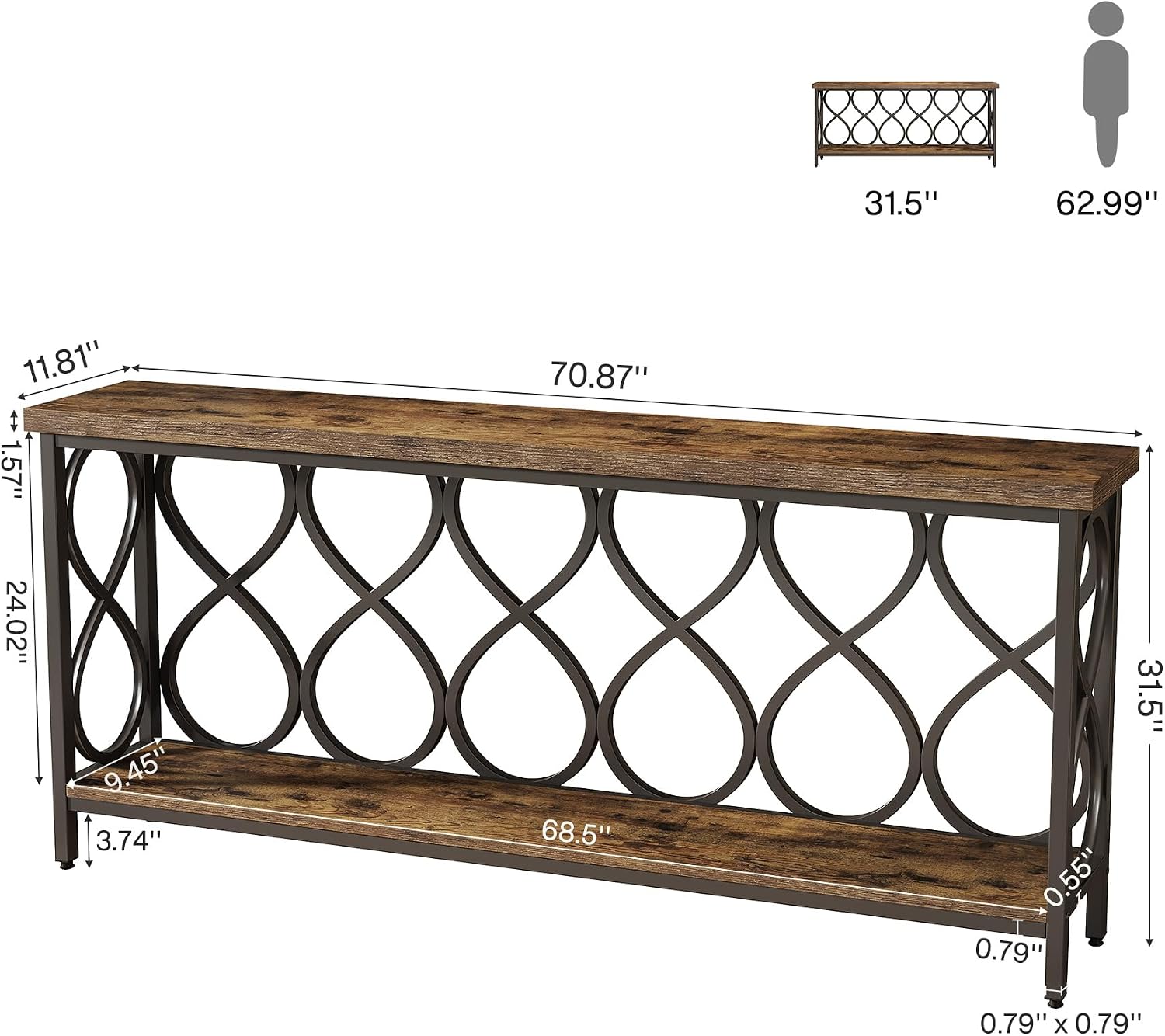 Tribesigns 70.9' Long Console Table, 2-Tier Industrial Sofa Table Behind Couch, Narrow Entryway Accent Tables for Hallway, Foyer