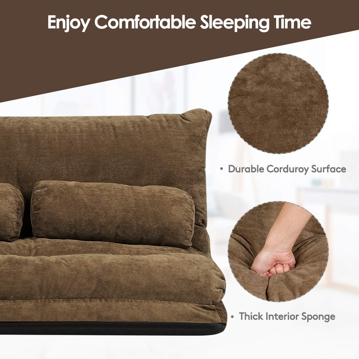 Giantex Adjustable Floor Sofa Couch with 2 Pillows, Multi-Functional 6-Position Foldable Lazy Sofa Sleeper Bed, Multi-Functional Suede Floor Seating Sofa for Reading Gaming (Coffee)