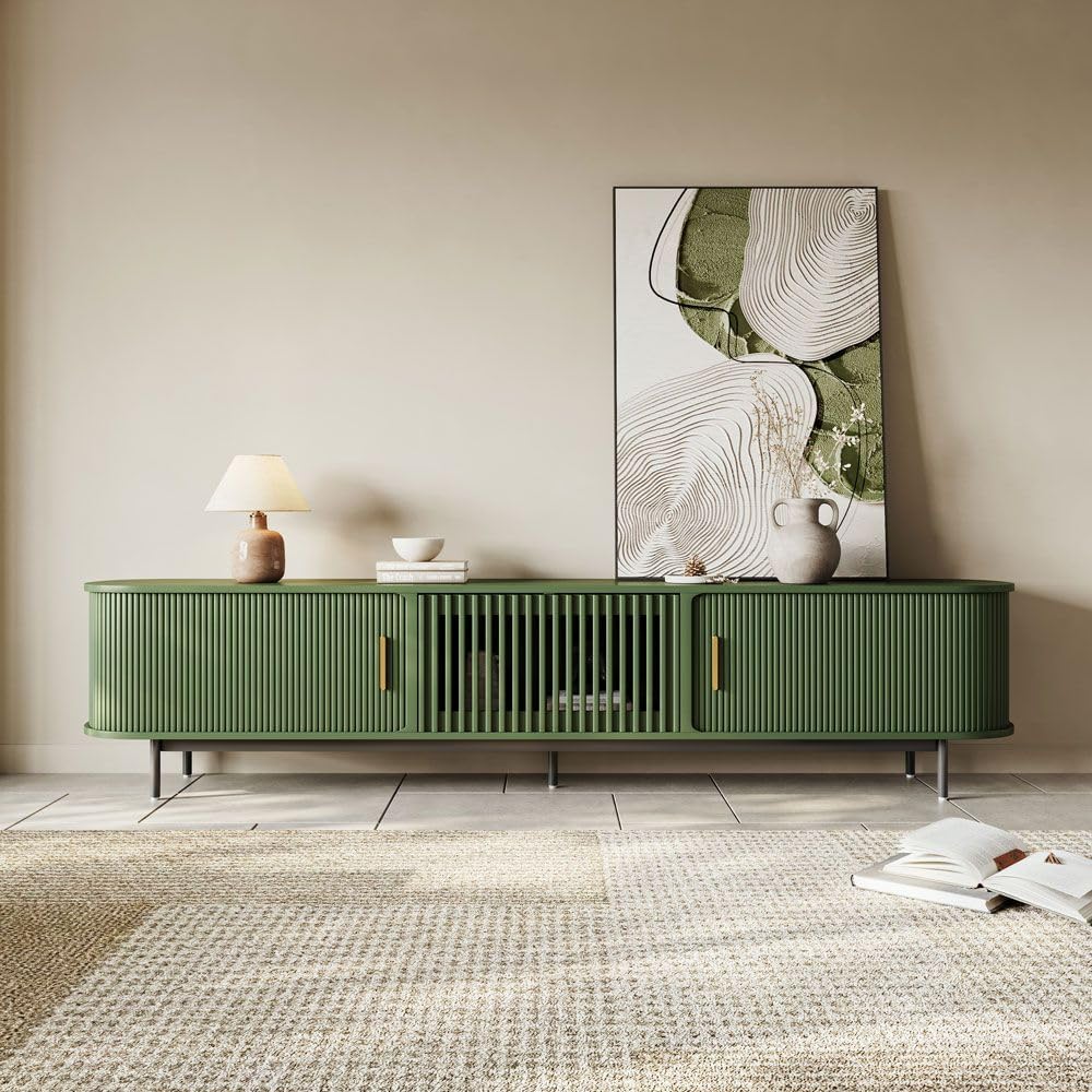 POVISON Fully-Assembled Modern Green TV Stand with Tambour Doors, Fluted TV Media Console for 85 Inch TVs, Sliding Door Entertainment Center with Storage for Living Room (Green, 94.49')