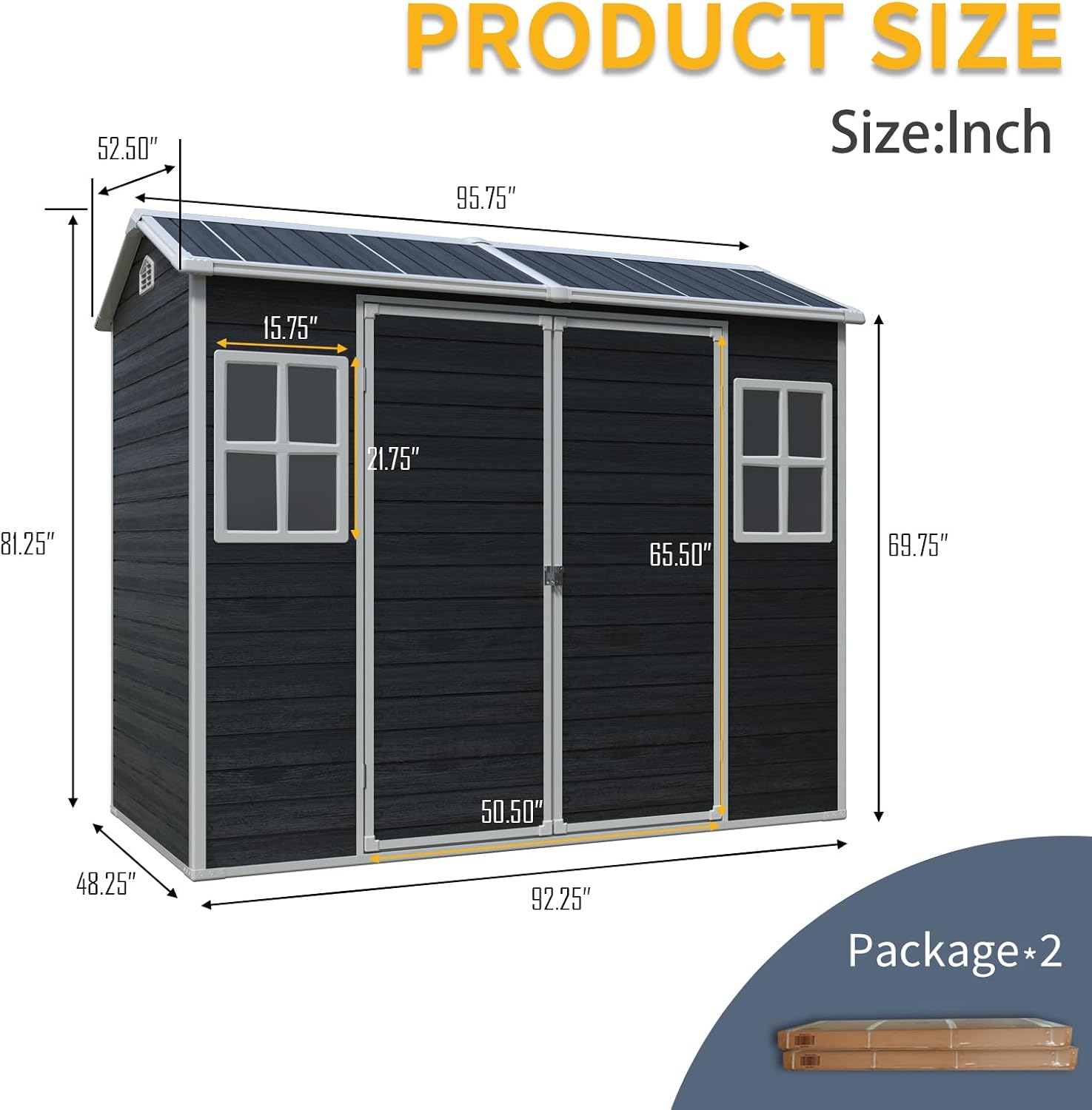 JT 8 x 4 FT Resin Storage Shed, Waterproof Garden Shed with Floor, 2 Windows, Lockable Door and Vent, Outdoor Sheds for Backyard,Tools and Lawn Mower (Black)