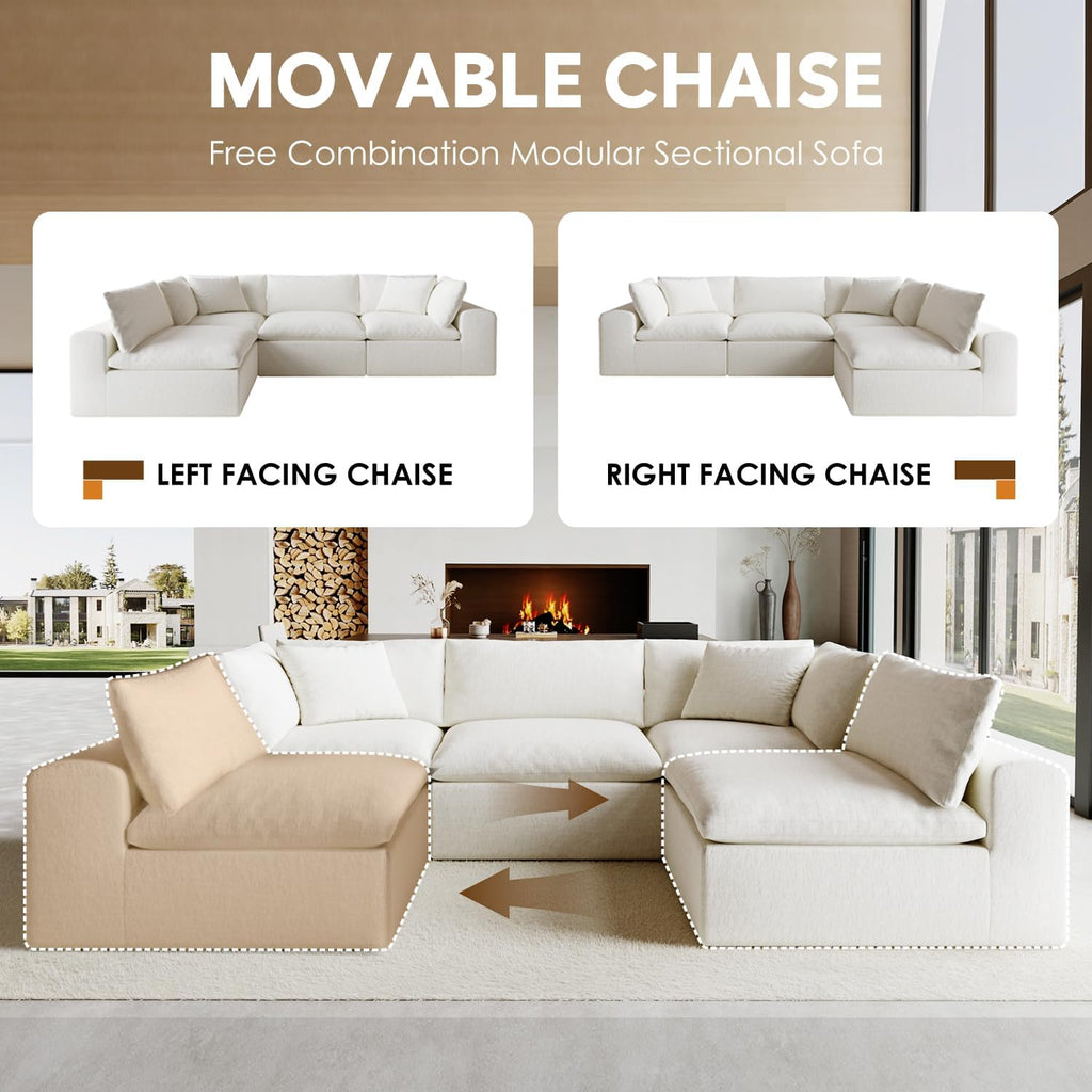 130' Oversized Boneless Cloud Couch, Modular Sectional Couches for Living Room, L-Shaped with Deep Seats, No Assembly Required, 4-Seater Washable Fabric Sleeper Sofa, White