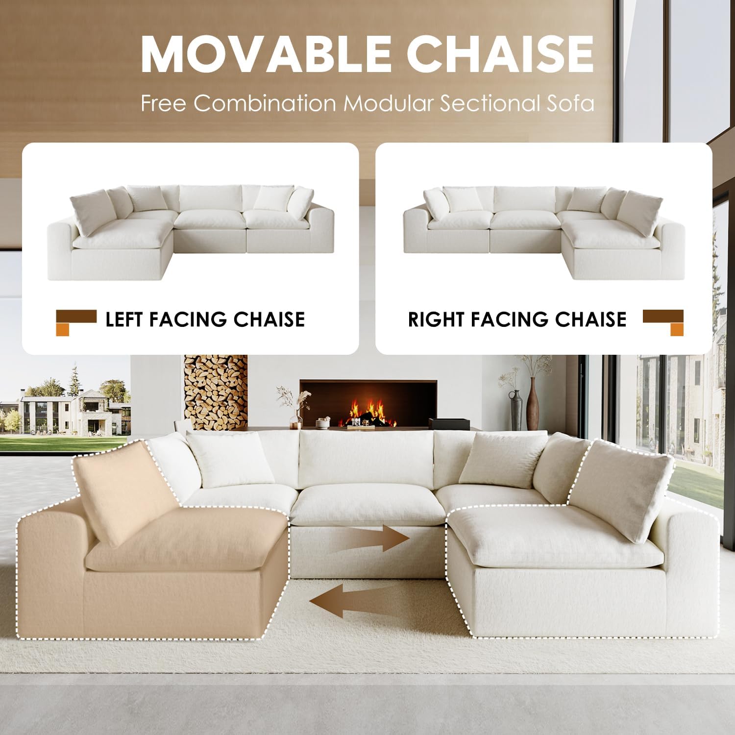 130' Oversized Boneless Cloud Couch, Modular Sectional Couches for Living Room, L-Shaped with Deep Seats, No Assembly Required, 4-Seater Washable Fabric Sleeper Sofa, White