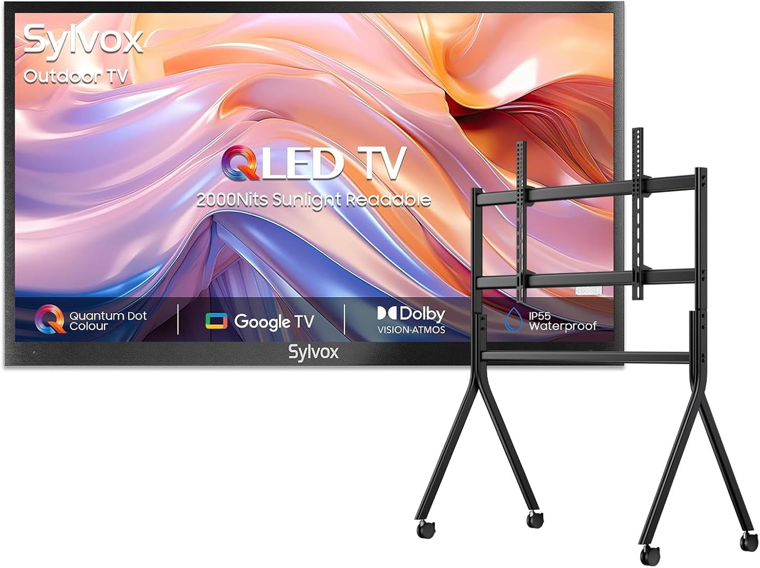 SYLVOX Outdoor TV with Rolling Stand, 65 inch Smart QLED TV, 2000 Nit Full Sun, Weatherproof, 4K UHD, IP56 Waterproof, Commercial Grade (2026 Model)