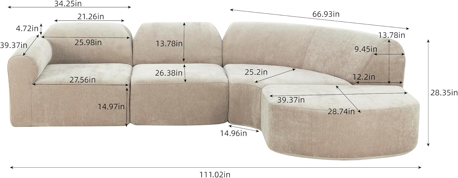 Christopher Knight Home Midel 111' Modular L-Shape Sofa Couch with Chaise Lounge, Modern Boneless Sofa for Living Room, Fabric Upholstered Cloud Couch with Deep Seat, Dark Beige