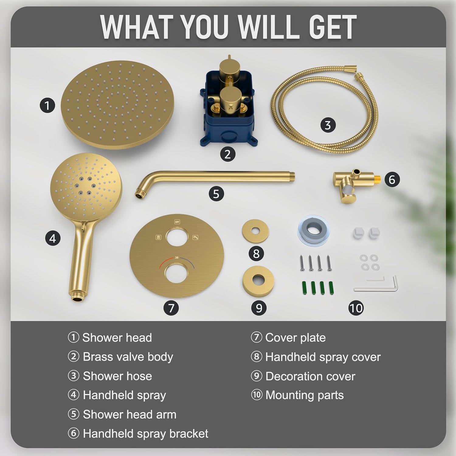 Iriber Thermostatic Shower System Wall Mount with 10 Inch Roud Rainfall Shower Head and Handheld,Shower Faucet Mixer Trim Kit (Valve Included),Brushed Gold
