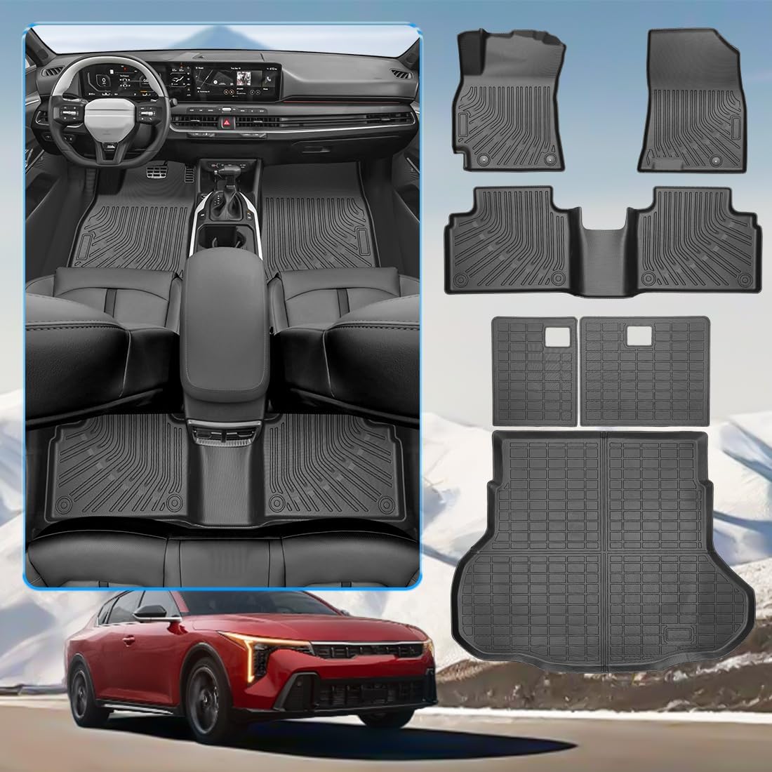 All-Weather Floor Mats for 2025 2026 Kia K4 (All Trims: LX/LXS/EX/GT-Line/GT-Line Turbo) - 6Pcs Full Set Custom Fit TPE Floor Liners & Cargo Mat & Backrest Protector for Kia K4 2026 Accessories Black