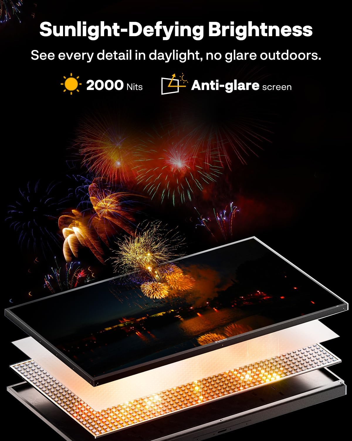 SYLVOX 75 inch Outdoor Mini-LED QLED TV with Soundbar, 4K UHD, 2000 Nits Full Sun, Anti-Glare Screen, 120Hz, IP56 Waterproof, Dual 30W Dolby Atmos Speaks (Cinema/2025)