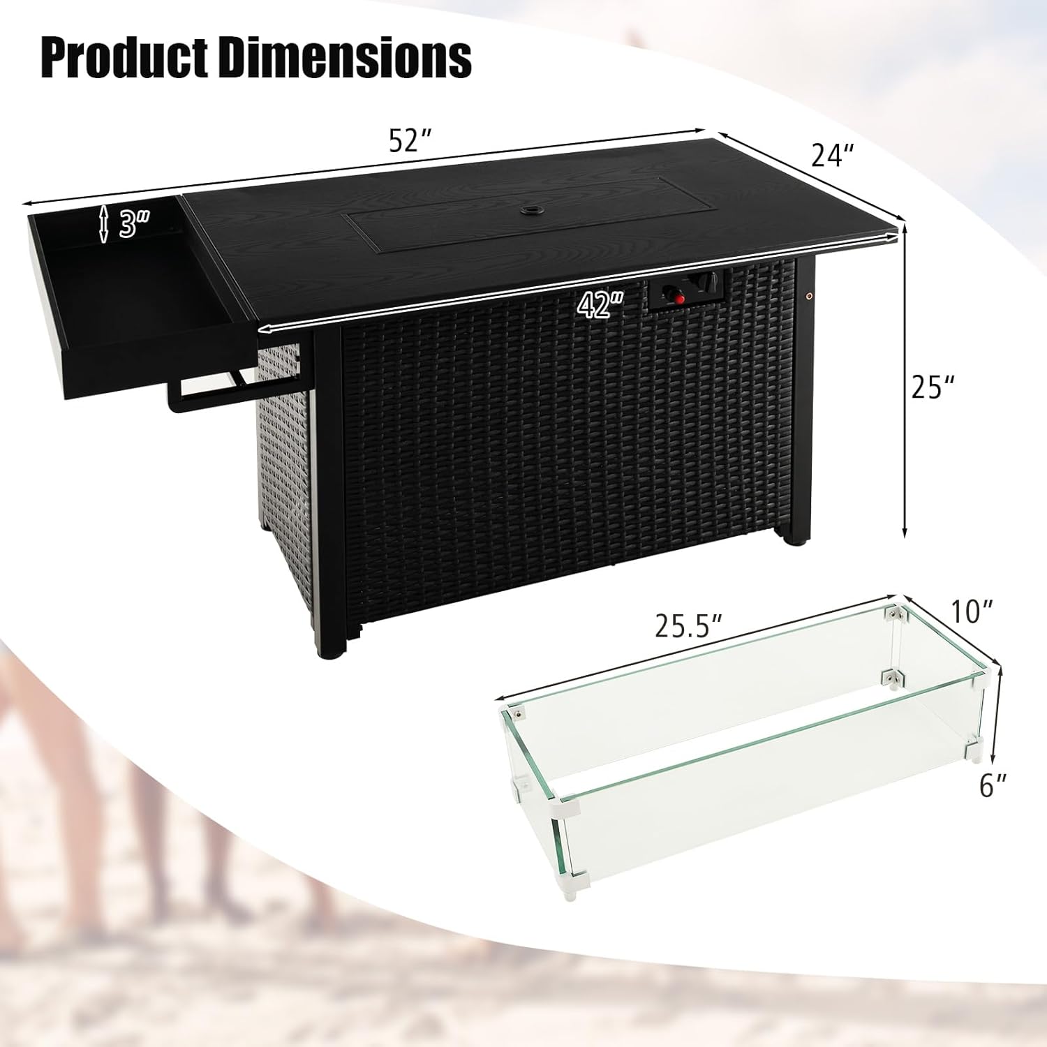 Tangkula Patio Propane Fire Pit Table, 52 Inch Wicker Gas Fire Pit with Wind Guard & Extended Shelf, 50,000 BTU Heat Output, Rectangular Fire Table with Blue Fire Stone & Waterproof Cover (Black)