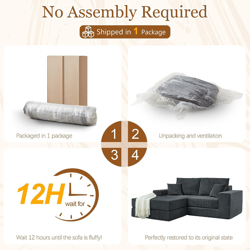 80 Inches Modular Sectional Loveseat Sofa, Cloud Boneless Couch with Non-Slip Base, Modern Sleeper Sofa Bed for Living Room, Small Spaces, No Assembly Required, Corduroy (Grey)