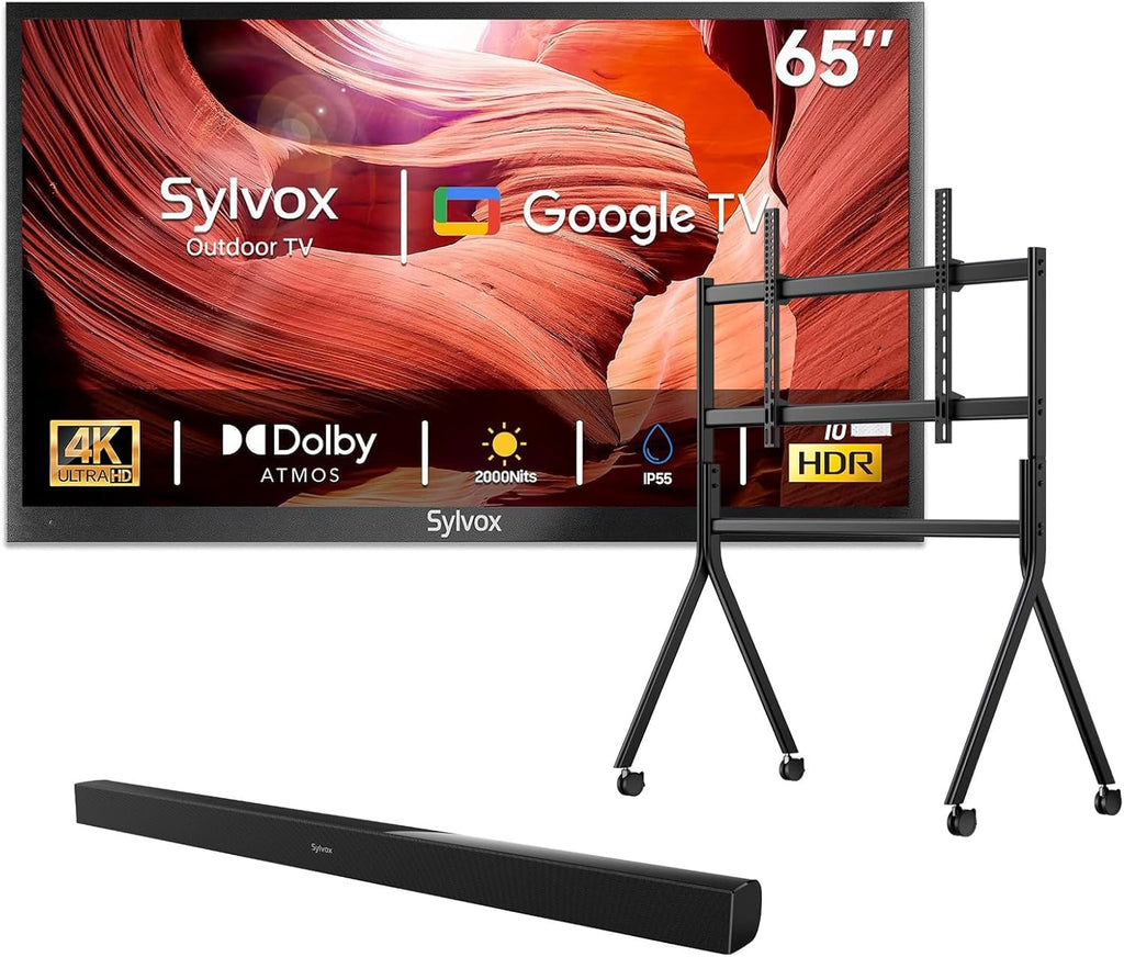SYLVOX Outdoor TV with Rolling Stand & Soundbar, 65 inch 2000 Nit Full Sun Smart TVs, Sunlight Readable, IP56 Waterproof, 4K TV for Outdoor Households or Commercial Places