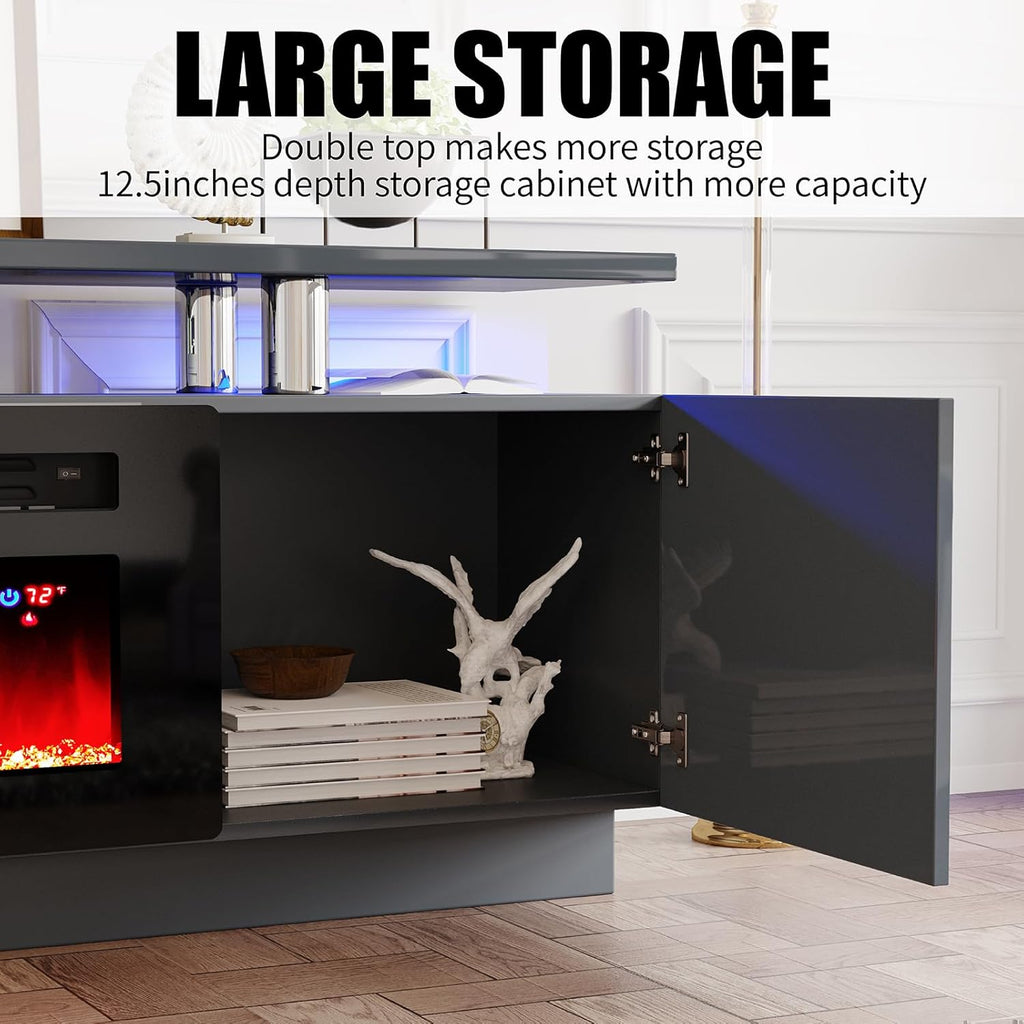 AMERLIFE Fireplace TV Stand with 36' Fireplace, 70' Modern Fireplace Entertainment Center LED Lights, 2 Tier TV Console Cabinet for TVs Up to 80', Grey