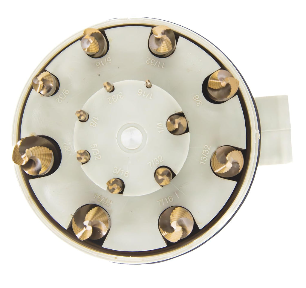 Drill America 15 Piece Cobalt Stepped Point Drill Bit Set in Round Case w/Gold Oxide Finish for Drilling Acrylic, Steel, Hard Metals, Sizes 1/16' to 1/2' x 32nds