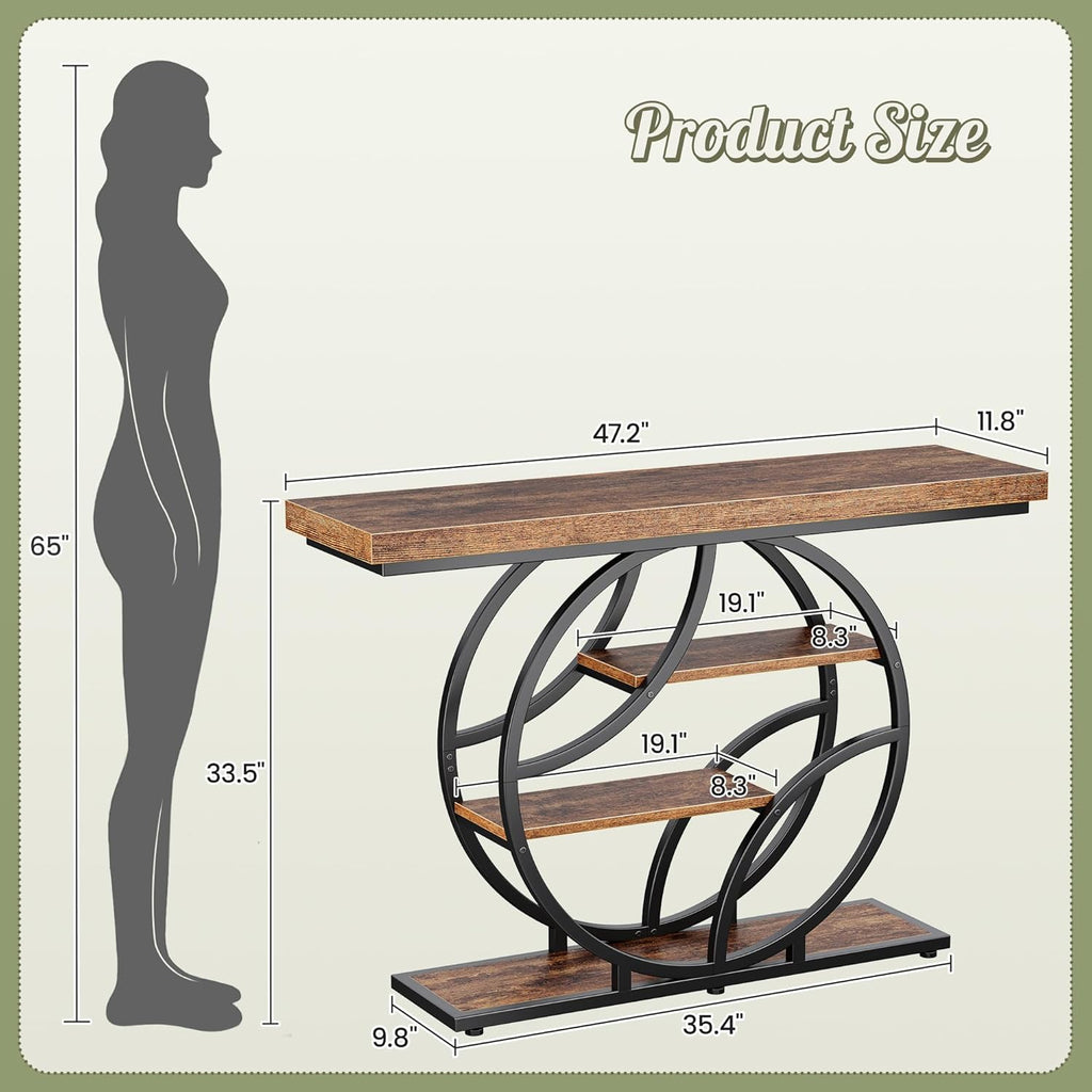Huuger 47.2 Inch Entryway Table, Industrial Console Sofa Table with Storage, Accent Table with Shelves, for Entry, Hallway, Entrance, Foyer, O-Shaped Metal Frame, Rusitc Brown