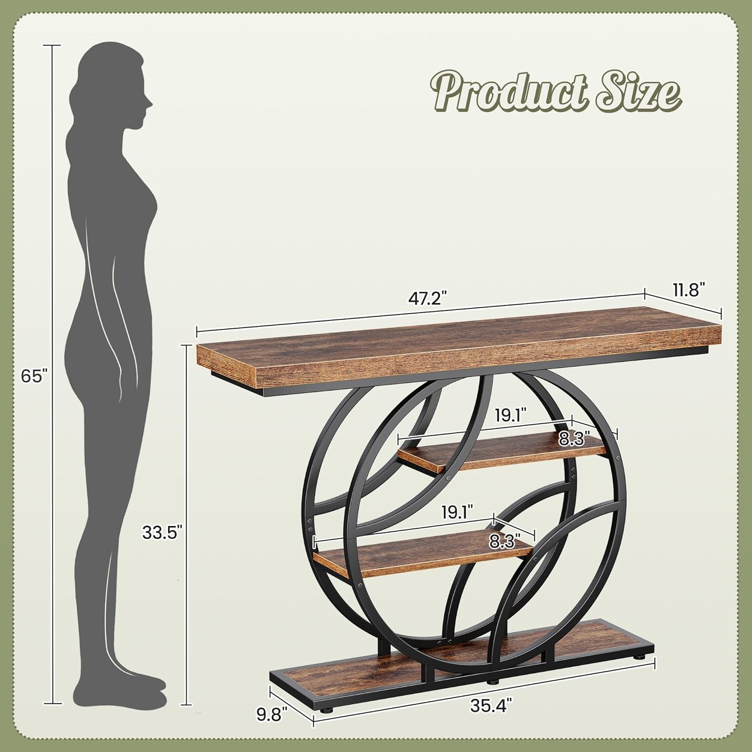 Huuger 47.2 Inch Entryway Table, Industrial Console Sofa Table with Storage, Accent Table with Shelves, for Entry, Hallway, Entrance, Foyer, O-Shaped Metal Frame, Rusitc Brown