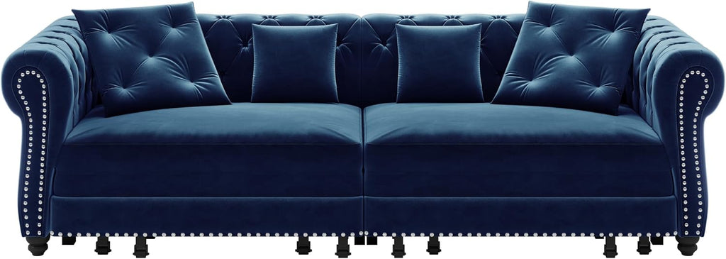 Ball & Cast 3-in-1 Convertible Sofa Bed with Movable Ottoman, 89' Pull Out Couch Bed King Size, Velvet 3 Seater Sleeper Sofa with Nailhead Trim & Rolled Arm,Sofa Couches for Living Room,Blue