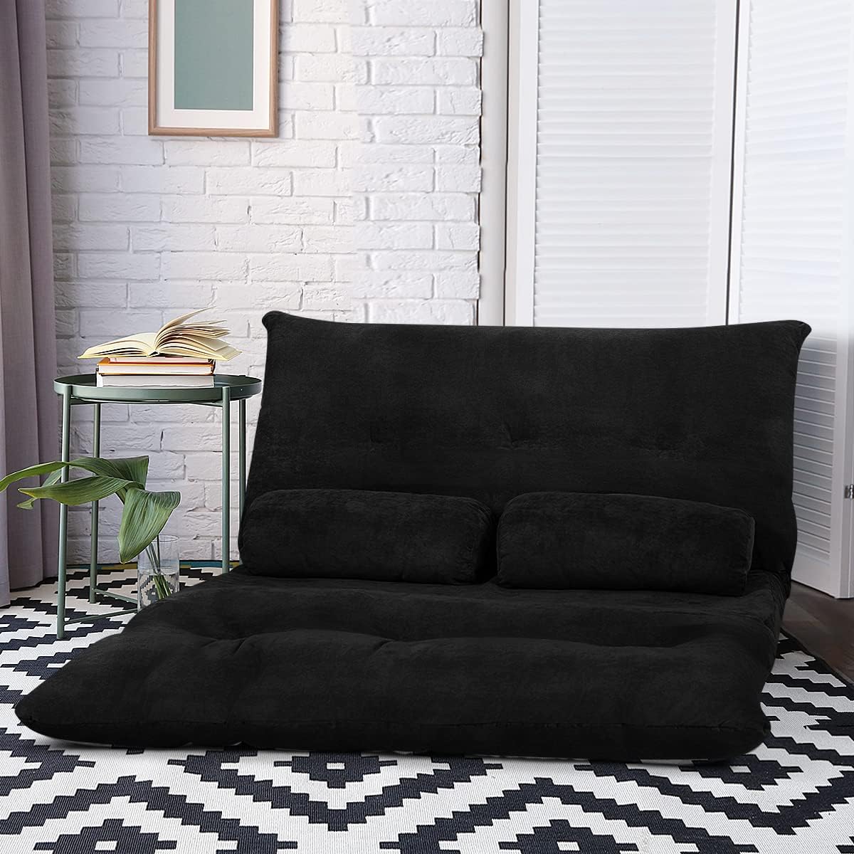 Giantex Adjustable Floor Sofa Couch with 2 Pillows, Multi-Functional 6-Position Foldable Lazy Sofa Sleeper Bed, Multi-Functional Suede Floor Seating for Reading Gaming (Black)