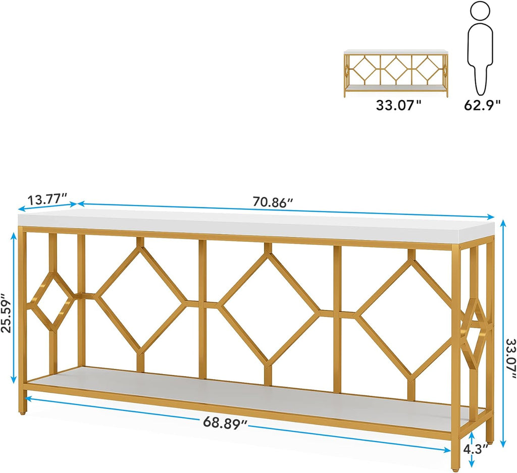 LITTLE TREE 70.9 Inch Extra Long Sofa Table, Industrial Narrow Long Sofa Tables Entry Table Behind Couch Table with Open Storage Shelf, White Gold