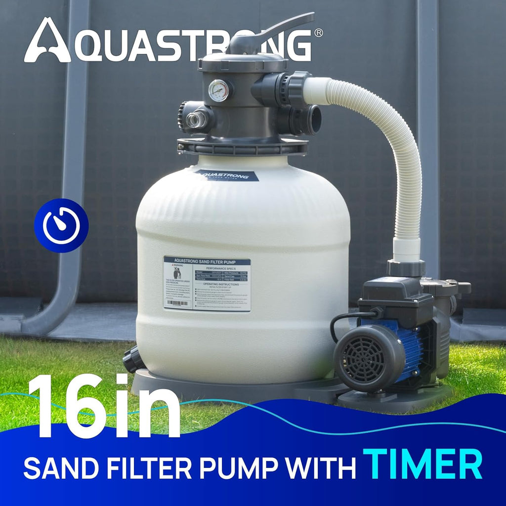 AQUASTRONG Sand Filter Pump for Above Ground Pool, Pool Pumps Above Ground with Timer, Pool Sand Filter with 6-Way Valve,Improved Circulation and Filtration,16in, up to 16000 Gallons