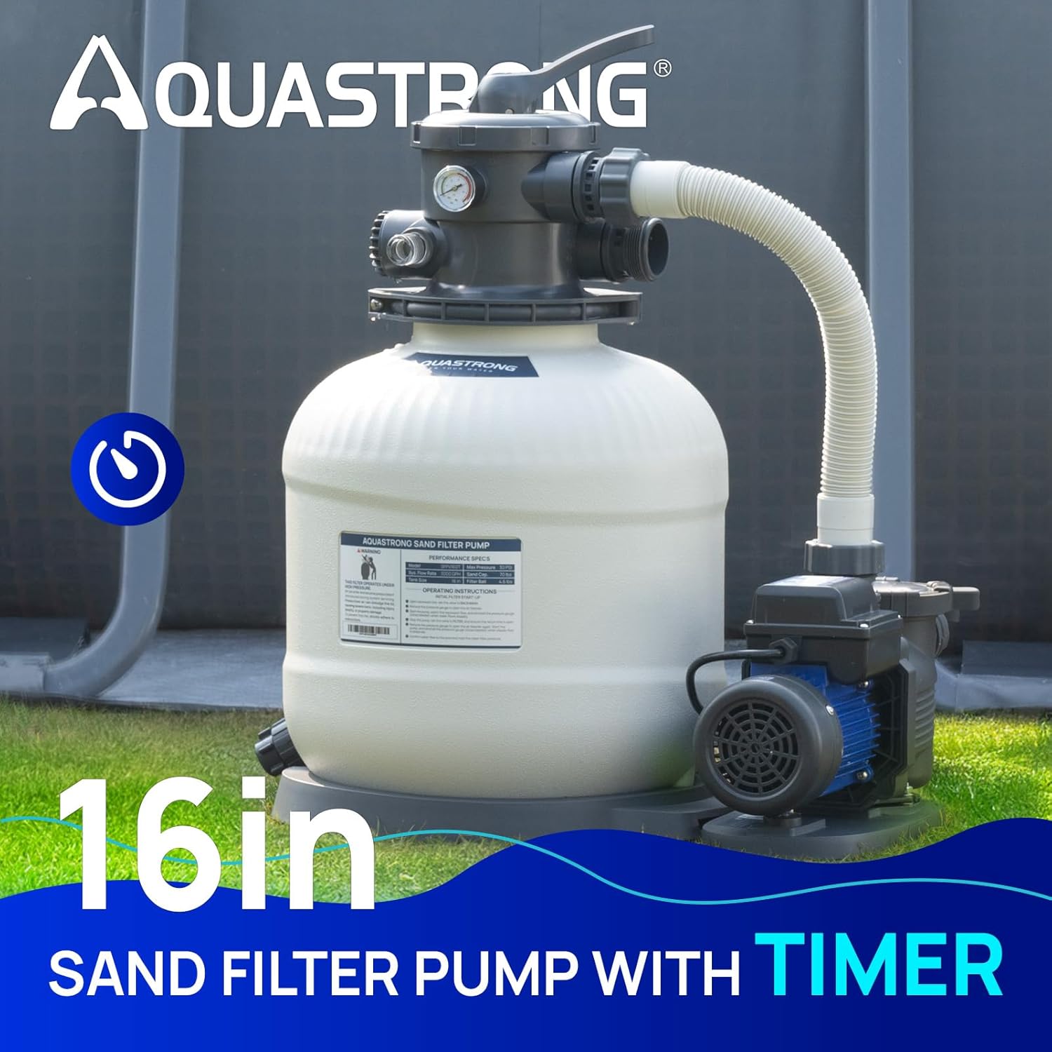 AQUASTRONG Sand Filter Pump for Above Ground Pool, Pool Pumps Above Ground with Timer, Pool Sand Filter with 6-Way Valve,Improved Circulation and Filtration,16in, up to 16000 Gallons