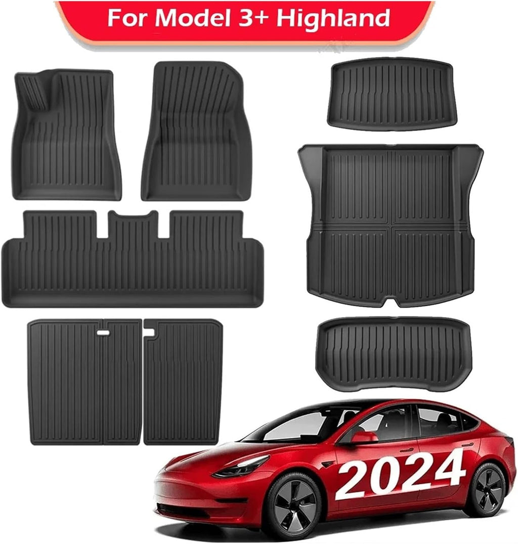 TPE 2024 2025 Compatible with Tesla Model 3 Highland Floor Mats All Weather Front Rear Cargo Liner Mat Waterproof Anti-Slip Mats Accessories(8pcs Full Sets LHD)