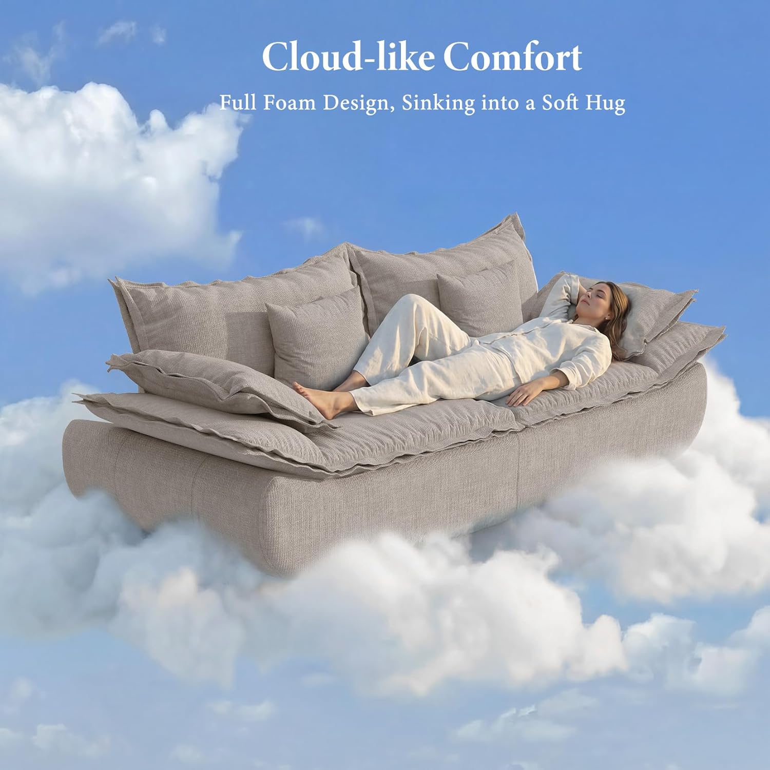 Vesgantti 86.6' Cloud Couch for Living Room, Modern 3 Seater Sailboat Sofa with Deep Seat, Comfy Chenille Upholstered Boneless Couch with Curved Armrest, No Assembly Required, Light Grey