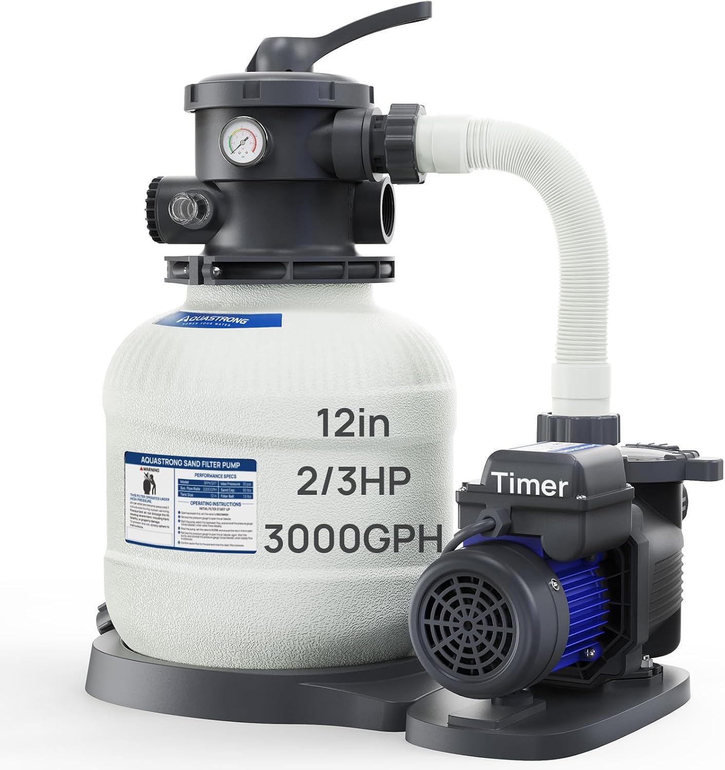 AQUASTRONG Sand Filter Pump for Above Ground Pool, Pool Pumps Above Ground with Timer, Pool Sand Filter with 6-Way Valve,Improved Circulation and Filtration,12in, up to 14000 Gallons