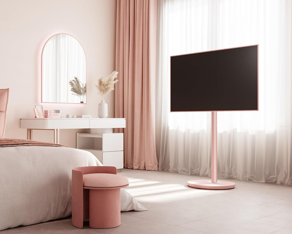 FITUEYES Design Mobile Rolling TV Cart for 32-65 Inches Television, Modern Corner TV Floor Stand on Wheels Fits Max VESA 400x400mm, V2 Portable Smart Television Cart,Pink, Master Series