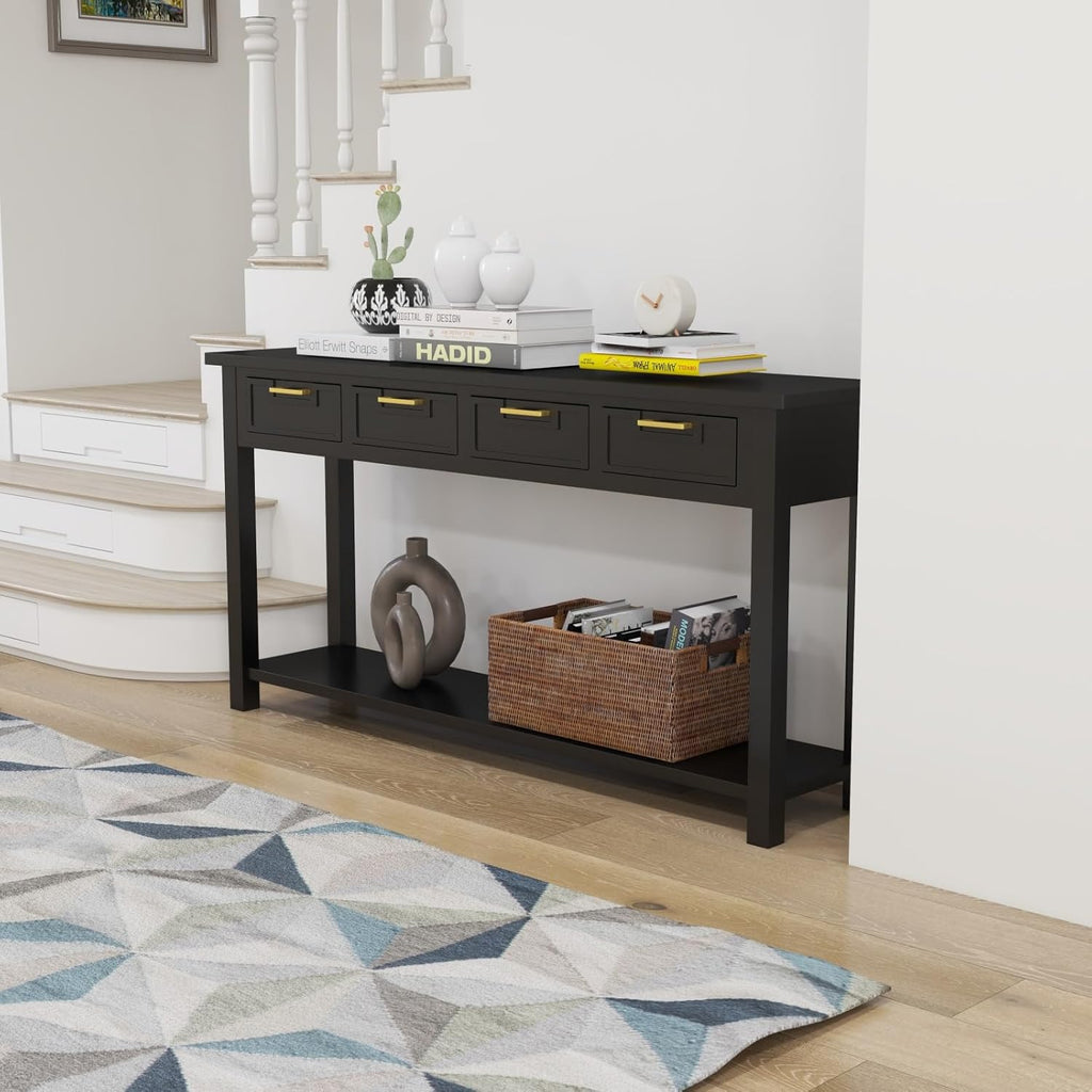 Kinfant Solid Wood Console Table - Entryway Table with 4 Drawers and a Bottom Storage Shelf, 60 Inch Narrow Long Sofa Table for Living Room, Hallway, Front Hall, Couch, Black