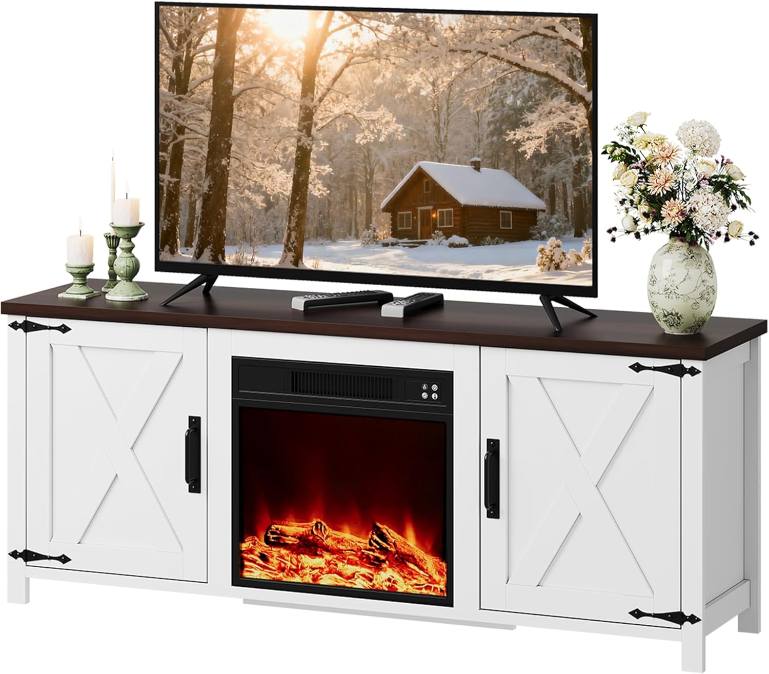 WLIVE Electric Fireplace TV Stand for TVs up to 65', Farmhouse Entertainment Center with X-Shaped Barn Doors & Storage Cabinets, Media TV Console for Living Room, Remote Control, White
