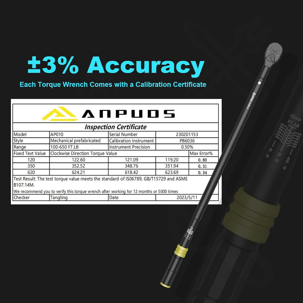 ANPUDS 3/4-Inch Drive Click Torque Wrench, 100-650 Ft-Lb/135.5-880.8 Nm with Dual-Direction, 48-Tooth, Dual Range Scales, Quick Release Reversible Head Torque Wrench for Car, Truck, Tractor
