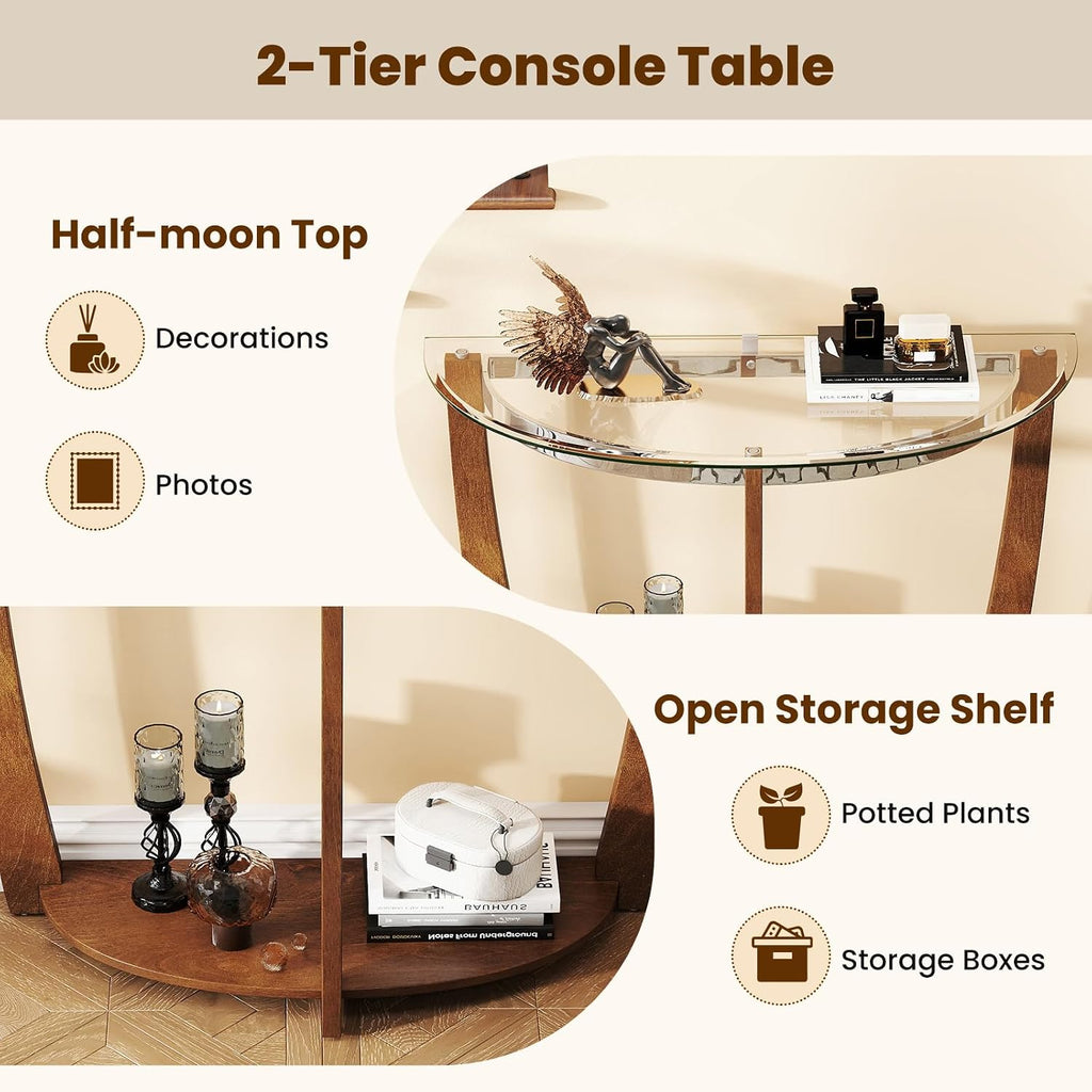 Giantex 2-Tier Glass Console Table, Half Moon Modern Entryway Table with Tempered Glass Top & Open Storage Shelf, Narrow Long Sofa Table for Living Room, Hallway, Foyer, Entrance (Walnut)