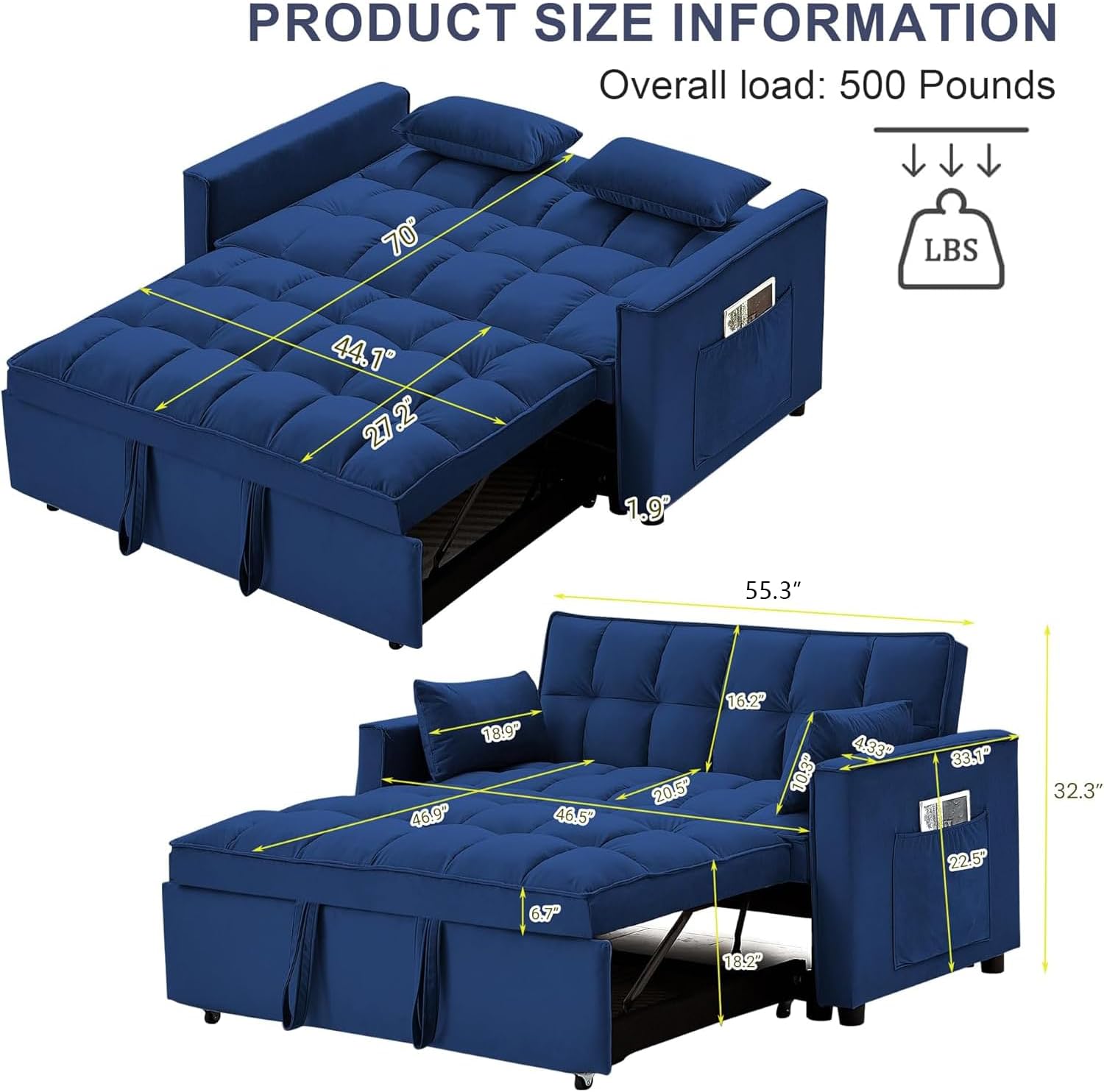 3-in-1 Pull Out Couch, 55.3'' Convertible Futon Sofa Bed, Velvet Sleeper Loveseat with Pillows, Pockets, Small Sofa Cama for Living Room, Apartment, Blue