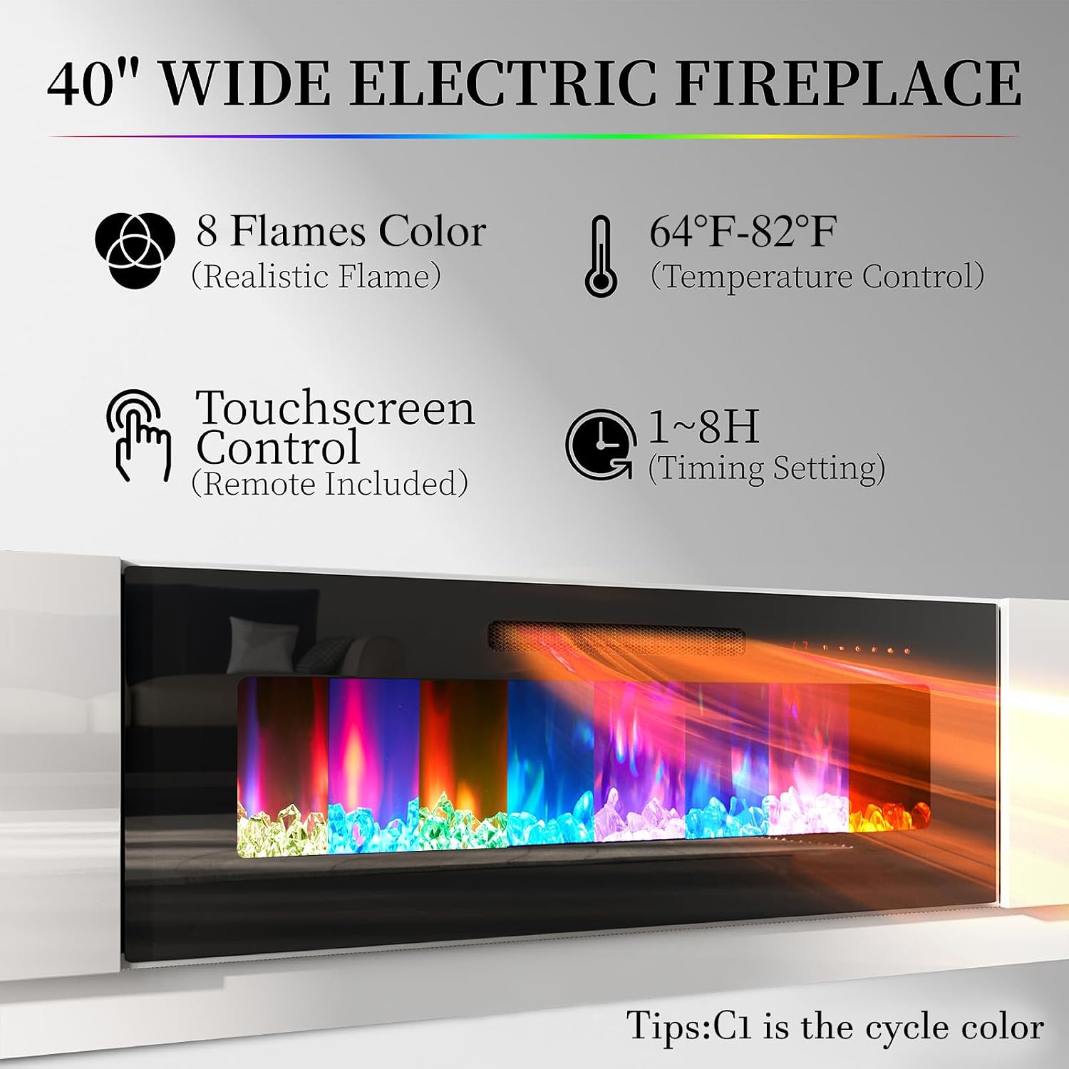 AMERLIFE Fireplace TV Stand with 40' Fireplace, 80' Modern Fireplace Entertainment Center LED Lights, 2 Tier TV Console Cabinet for TVs Up to 90', Ivory White