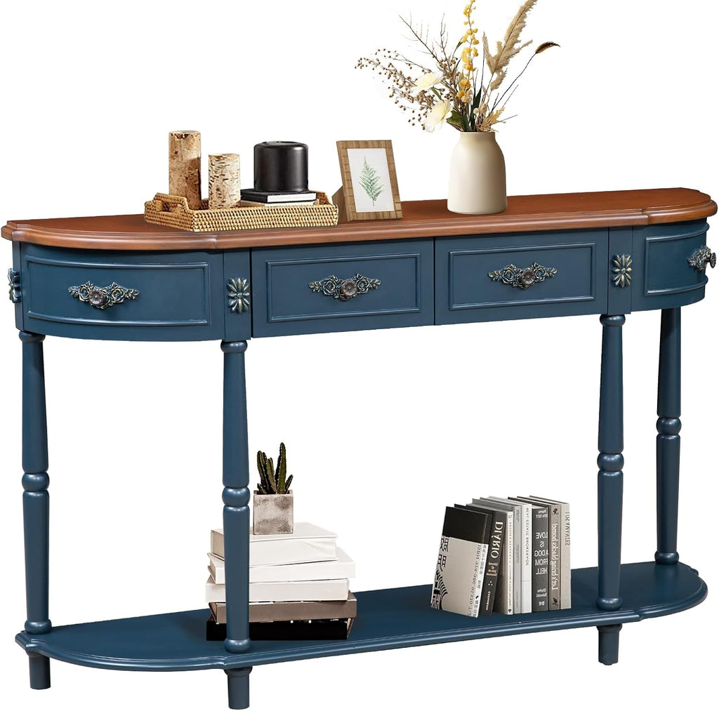 Retro Curved Console Table, 52' Half Moon Sofa Entryway With 2 Drawers 1 Open Shelf, Solid Pine Legs for Living Room, Hallway, Navy Blue