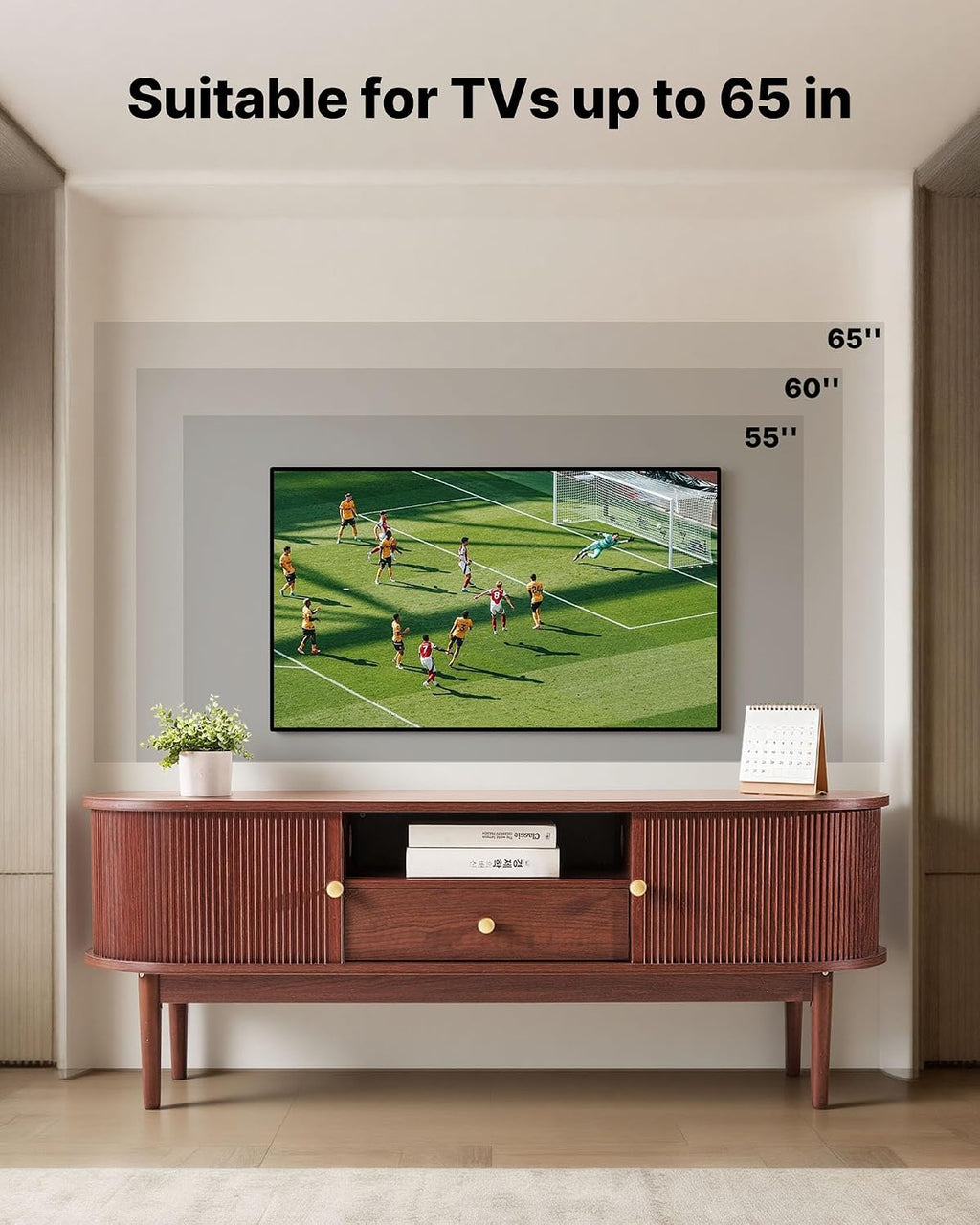 VEVOR Boho Fluted TV Stand with Storage and Drawer, for 55/60/65 inch TVs, Mid Century Modern Entertainment Center TV Console with Sliding Tambour Door & Open Shelves for Living Room, Bedroom, Walnut