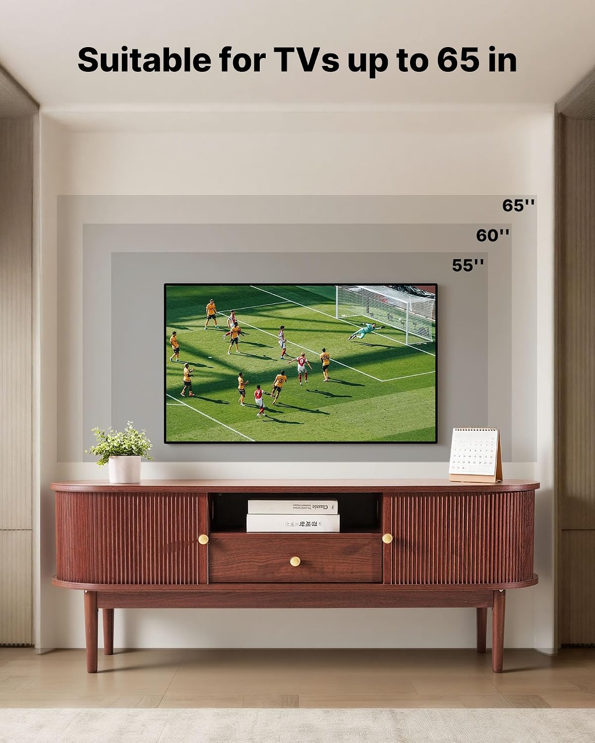 VEVOR Boho Fluted TV Stand with Storage and Drawer, for 55/60/65 inch TVs, Mid Century Modern Entertainment Center TV Console with Sliding Tambour Door & Open Shelves for Living Room, Bedroom, Walnut