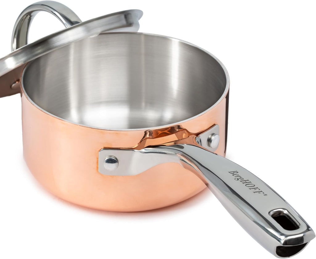 BergHOFF Vintage 15Pc Tri-Ply Copper Cookware Set With Stainless Steel Lids, 10Pc 18/10 Stainless Steel Pots and Pans and 5Pc Bamboo Utensil Set Long Ergonomic Shaped Handle 3-layer Base, Polished