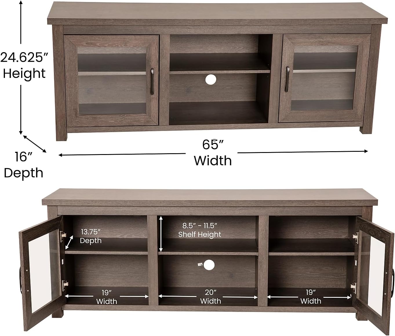 Flash Furniture Sheffield TV Stand up to 80' TVs - Modern Black Wash Finish & Full Glass Doors - 65' Engineered Wood Frame - 3 Height Adjustable Shelves