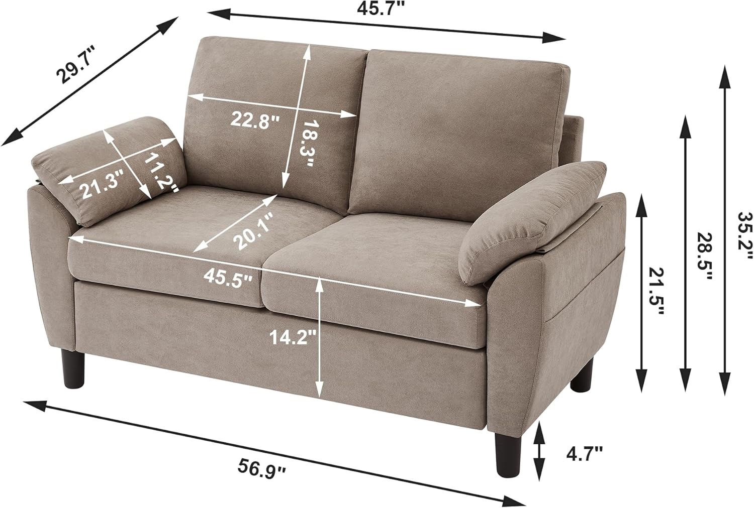 Loveseat Sofa, 57' Love Seat, Comfy Small Loveseat, Small Couch for Bedroom, Linen Fabric Couches for Living Room, Bedroom, Beige