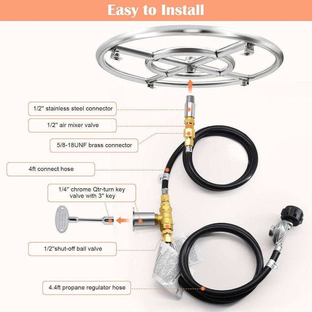 Hiorucet 18 Inch Fire Pit Ring Burner Kits, DIY Propane Gas Firepit Insert Round Burner with Igniter Kits and Propane Hose Kits for Indoor or Outdoor, Stainless Steel LP Fire Pit Replacement Parts.