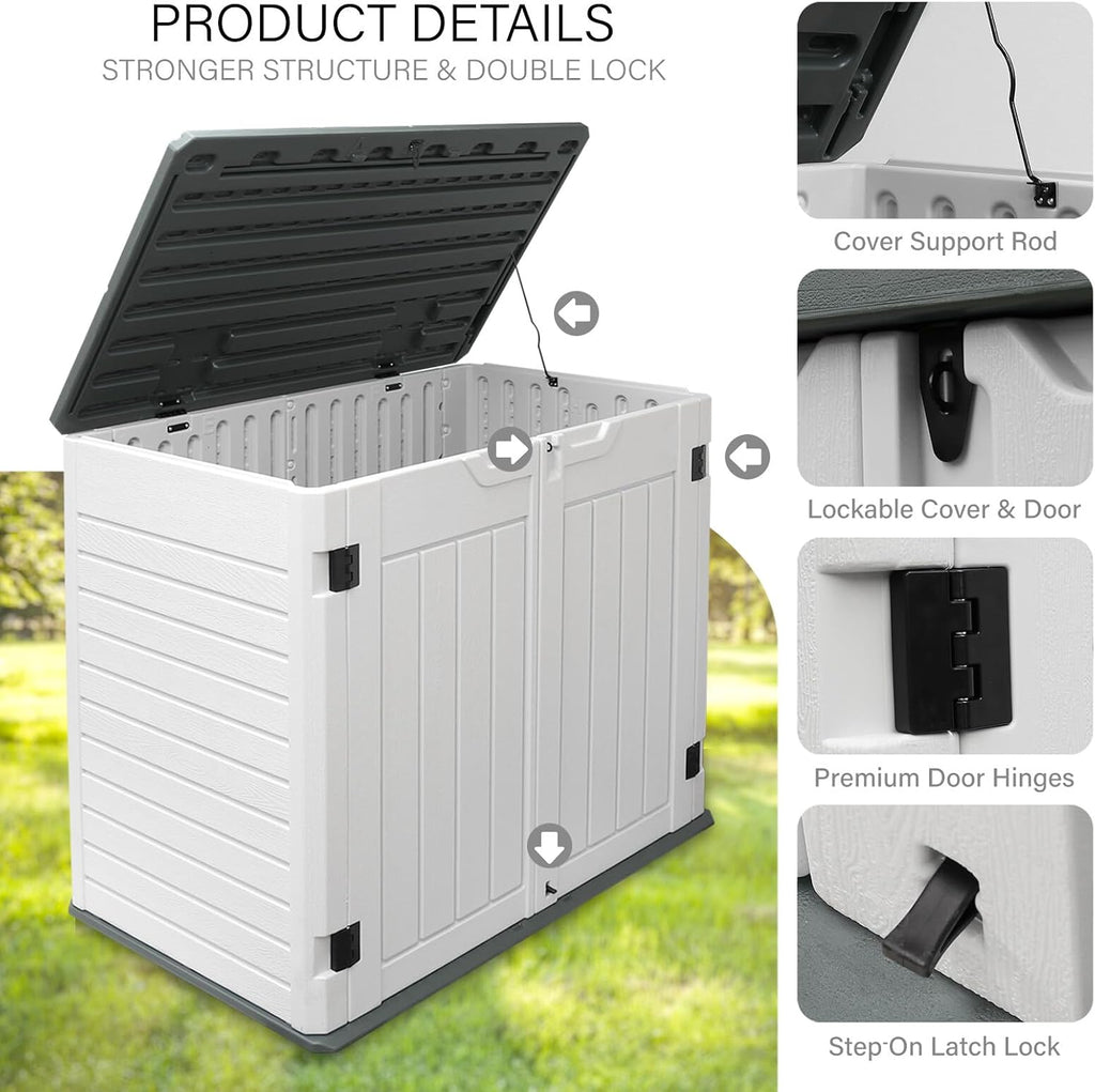 AJP Distributors 4ft x 2.5ft 35 cuft Outdoor Storage Shed, Waterproof Resin Horizontal Storage Box w/Lid & Lockable Doors for Backyard Garden Patio Pool - Bike Cushion Garbage Can Tools Lawn Mower