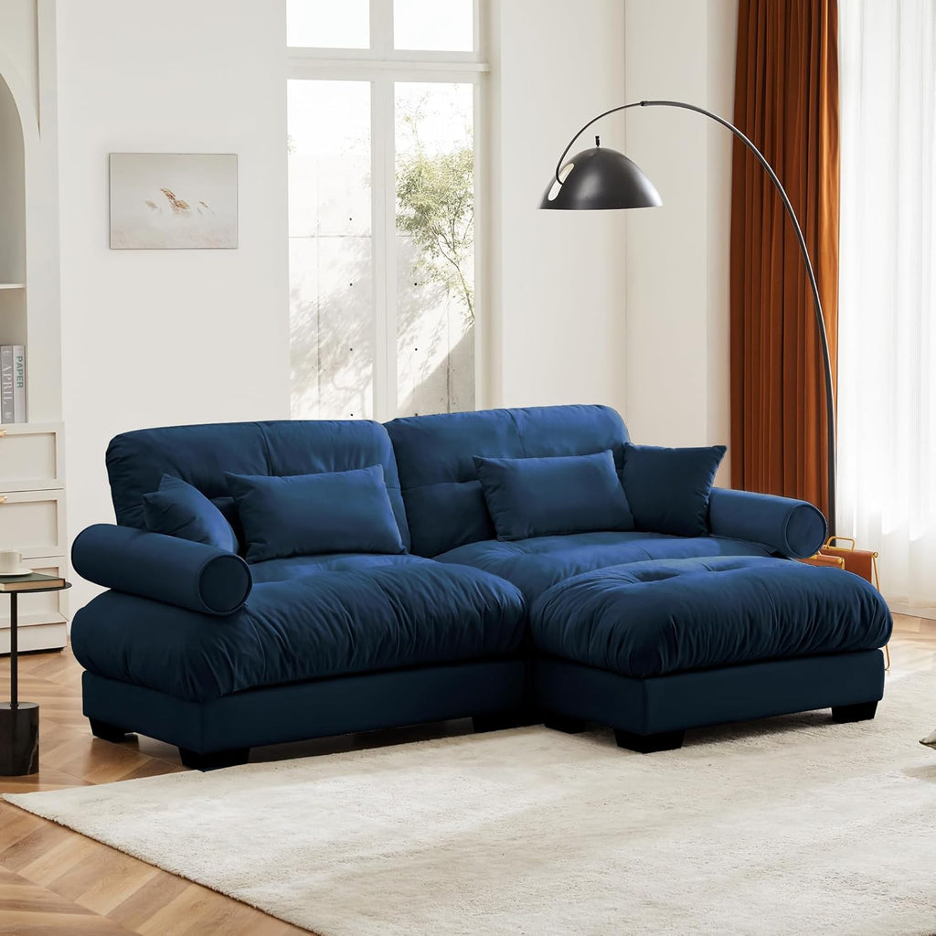 Loveseat Sofa 93.7' Modular Sectional Sofa, 2 Seater Modern Cloud L Shaped Couch, Oversized Sectional Couches for Living Room, Comfy Velvet Sofas Deep Seat Couch with 4 Pillows, Blue