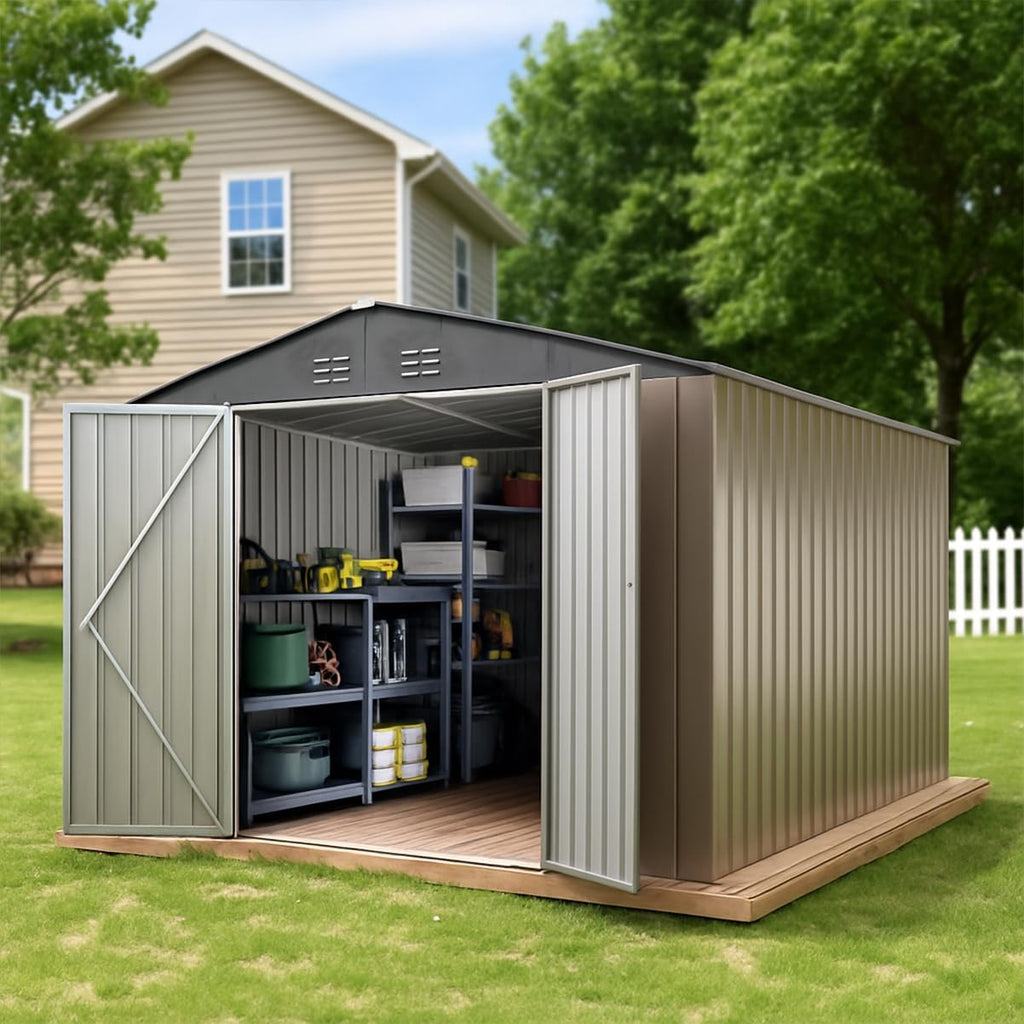 8 x 12 Ft Outdoor Storage Shed, Large Metal Tool Sheds with Updated Frame Structure and Lockable Doors, Garden Shed for Backyard Garden Patio Lawn