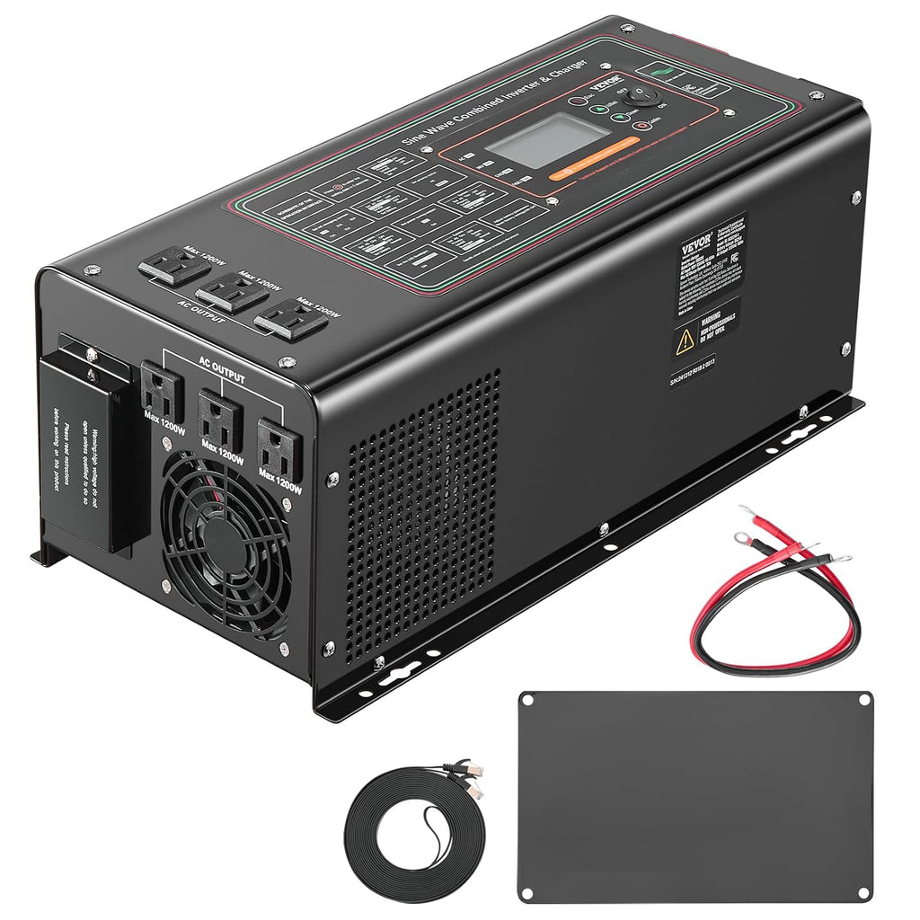 VEVOR Pure Sine Wave Inverter Charger, 3000 Watt, DC 24V to AC 120V Power Inverter with LCD Display, Remote Control, Solar Inverter for Off-Grid Solar RV Boat Home, Compatible with Various Batteries
