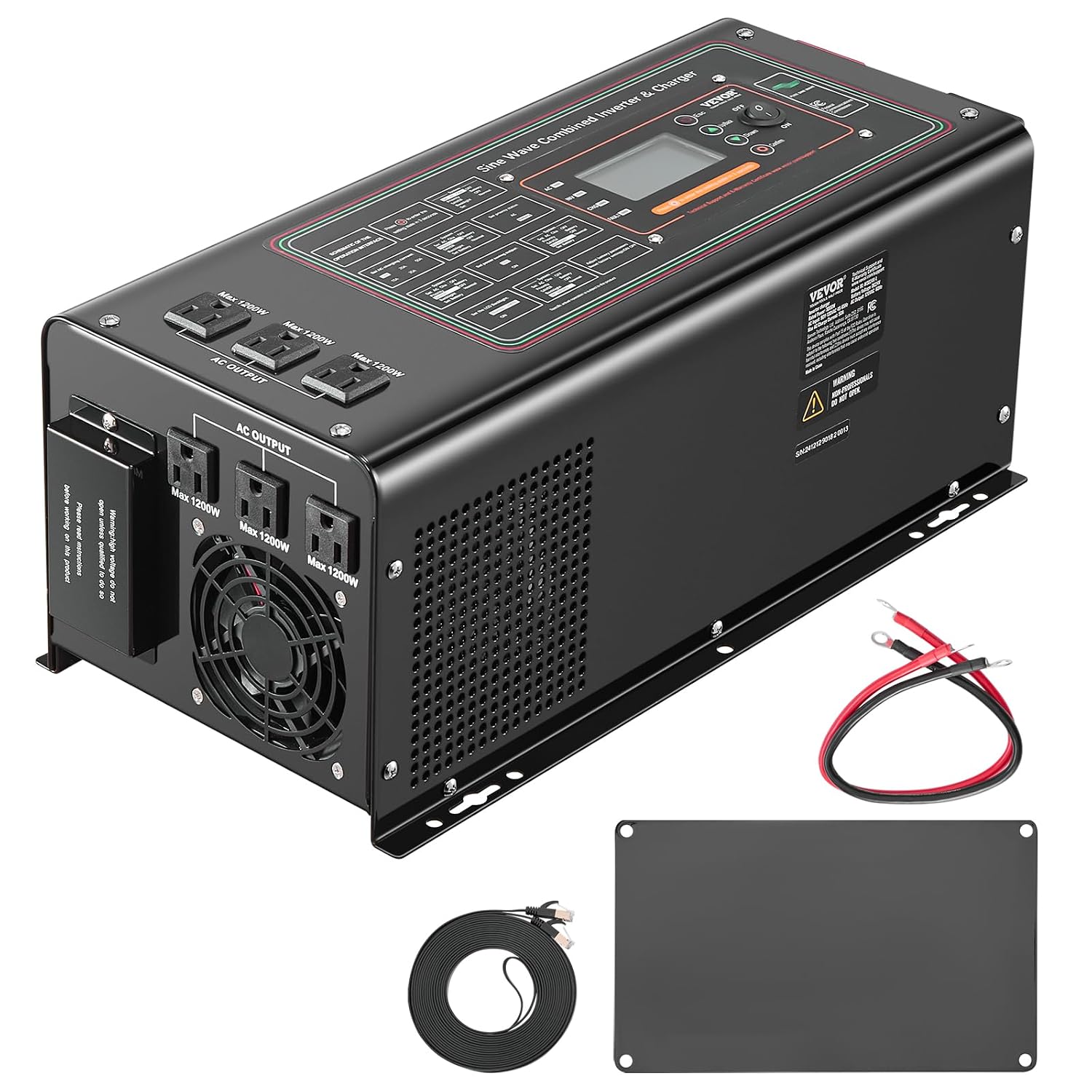 VEVOR Pure Sine Wave Inverter Charger, 3000 Watt, DC 24V to AC 120V Power Inverter with LCD Display, Remote Control, Solar Inverter for Off-Grid Solar RV Boat Home, Compatible with Various Batteries