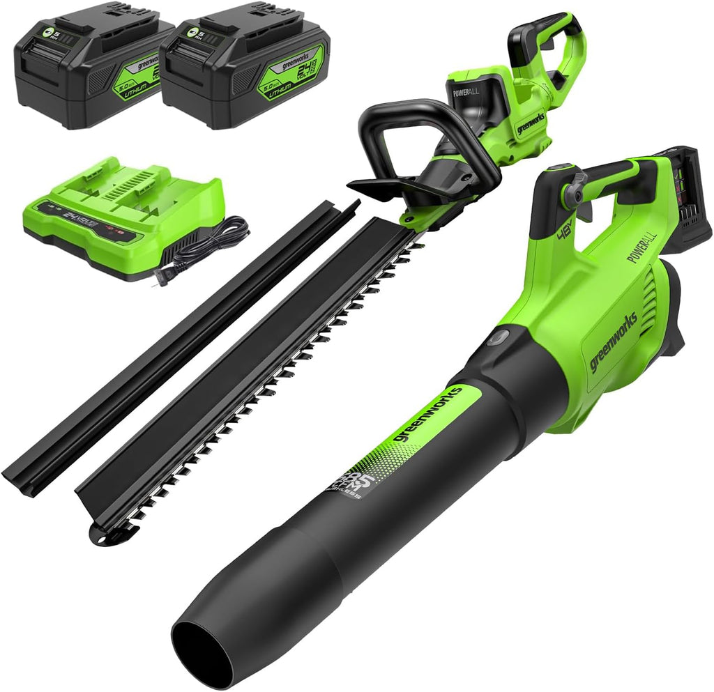 Greenworks 48V (24V x 2) Cordless Brushless Axial Leaf Blower，24V Cordless Battery Hedge Trimmer Combo Kit