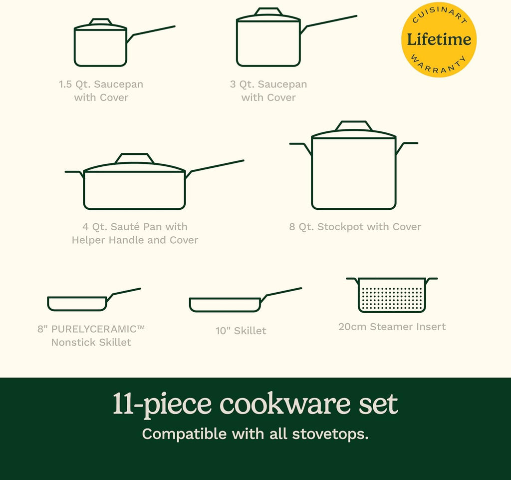 Cuisinart Cookware Set, 11 Piece Stainless Steel Cookware Pots and Pans, Home and Kitchen Durable Stainless Steel for Everyday Cooking, Matte Thyme, MT89G-11